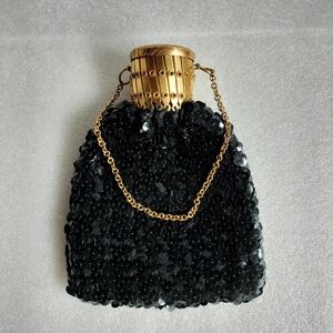 Vintage BLACK Sequined Beggars Bag Accordion PURSE Expandable Gate Top 6.5"x5"